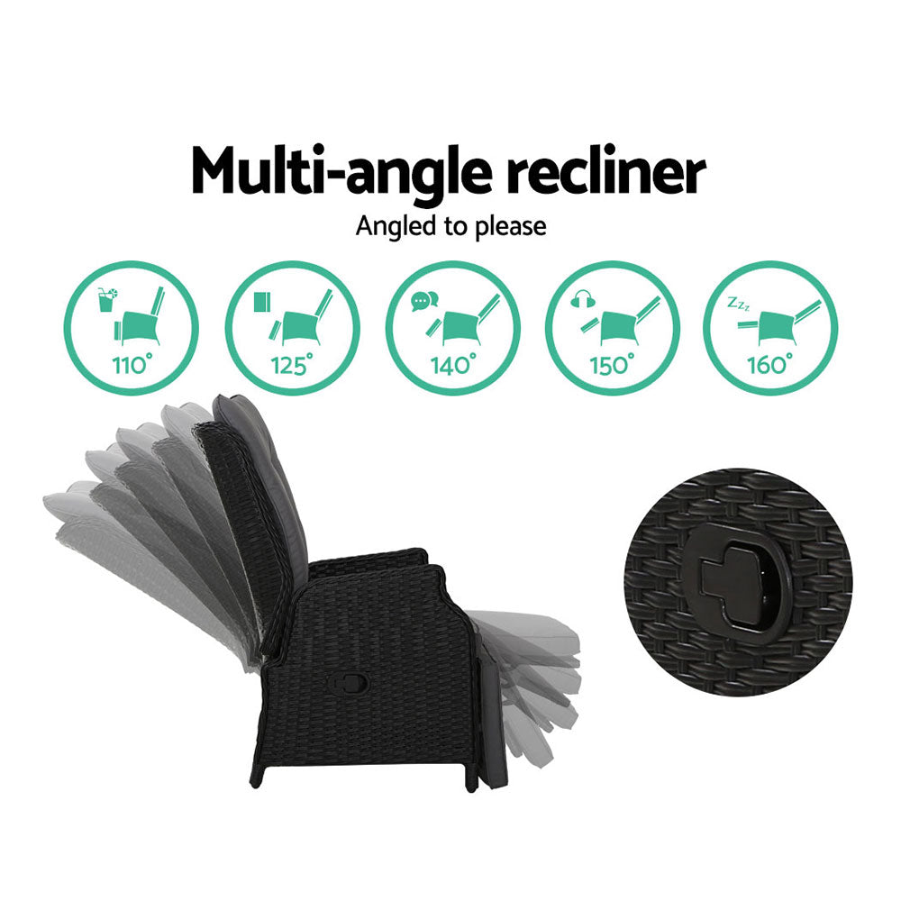 Gardeon Recliner Chairs Sun lounge Wicker Lounger Outdoor Furniture Patio Adjustable Black 5