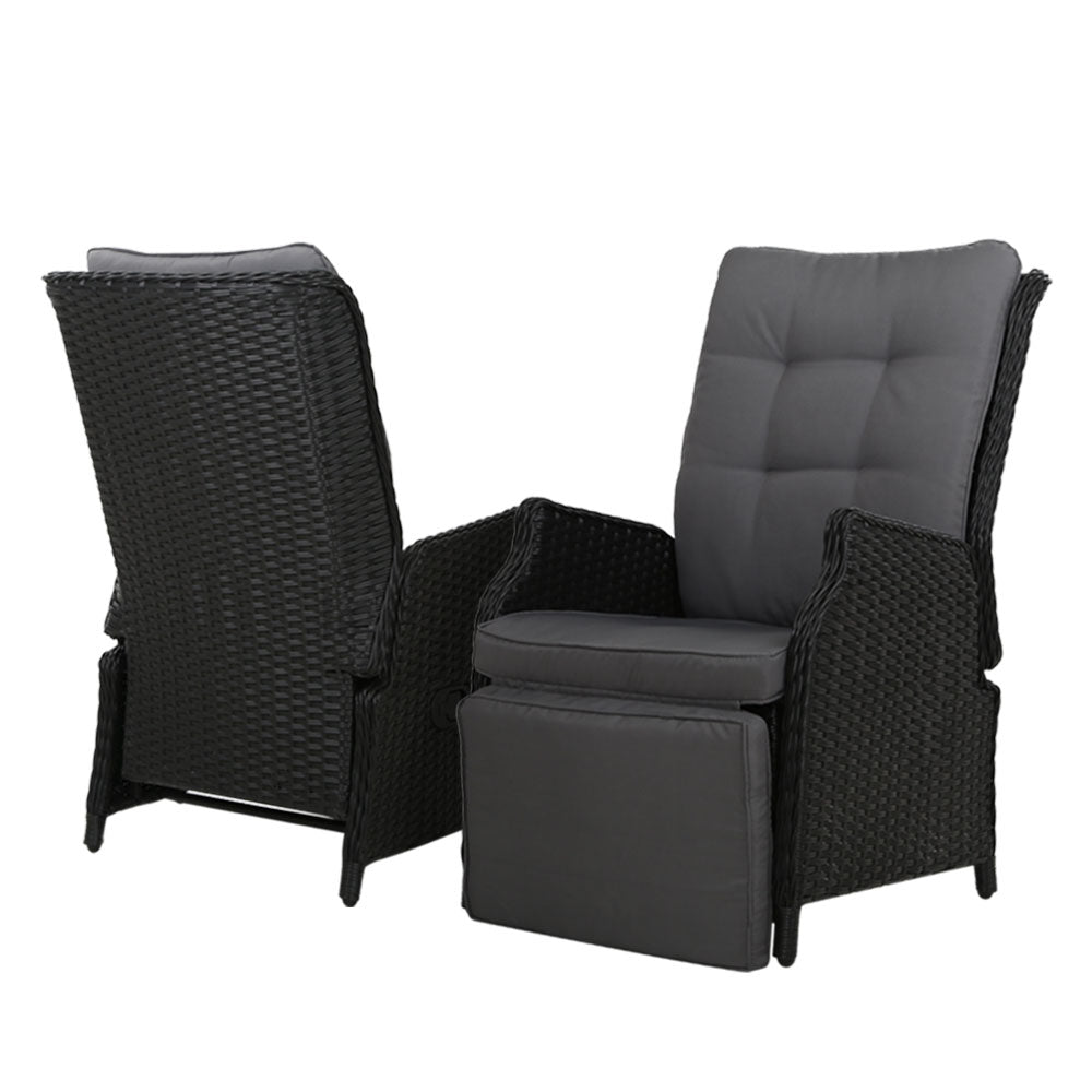 Gardeon 2PC Recliner Chairs Sun lounge Wicker Lounger Outdoor Furniture Adjustable Black 3