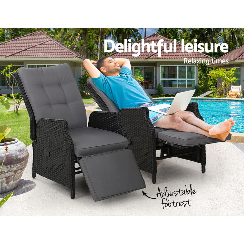 Gardeon 2PC Recliner Chairs Sun lounge Wicker Lounger Outdoor Furniture Adjustable Black 4