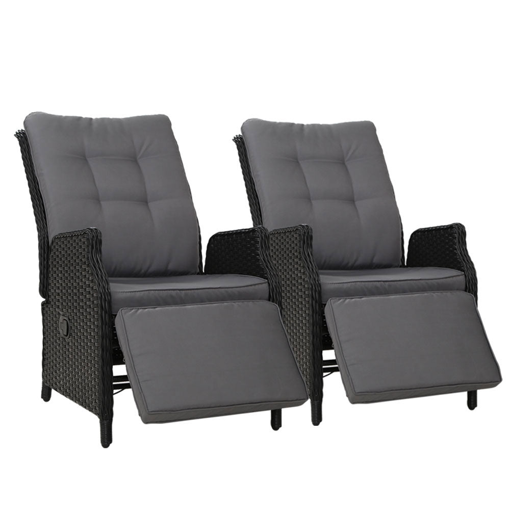 Gardeon 2PC Recliner Chairs Sun lounge Wicker Lounger Outdoor Furniture Adjustable Black 7
