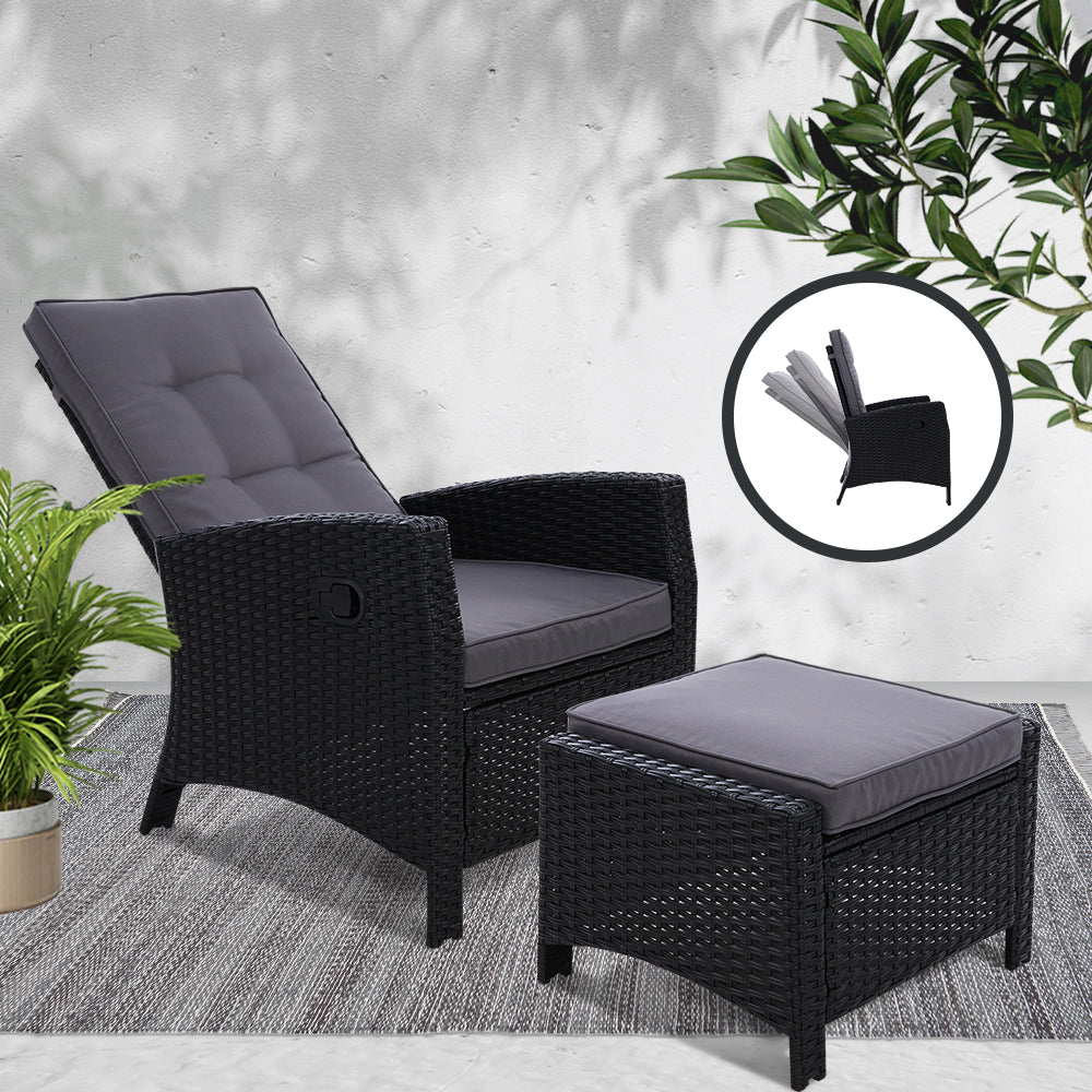 Gardeon Recliner Chair Sun lounge Wicker Lounger Outdoor Patio Furniture Adjustable Black 7