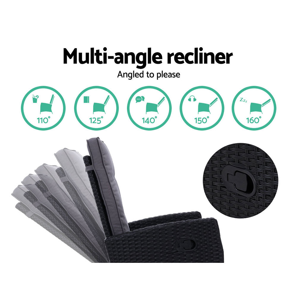 Gardeon 2PC Recliner Chairs Sun lounge Wicker Lounger Outdoor Furniture Adjustable Black 3