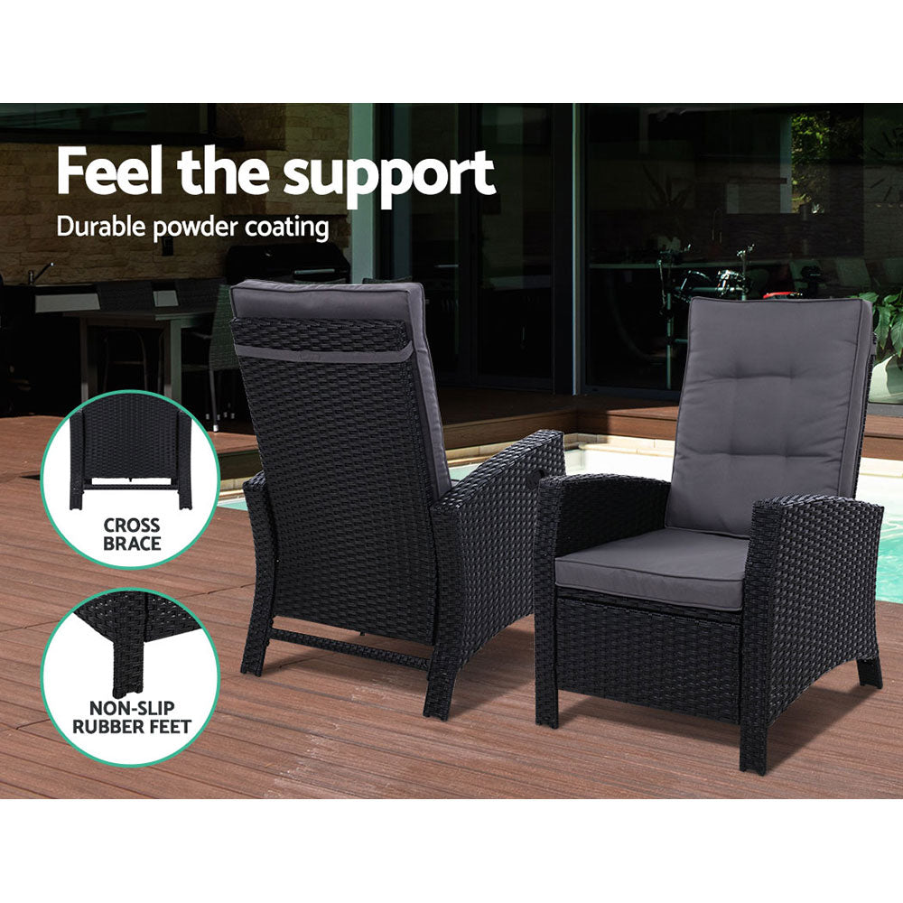 Gardeon 2PC Recliner Chairs Sun lounge Wicker Lounger Outdoor Furniture Adjustable Black 4