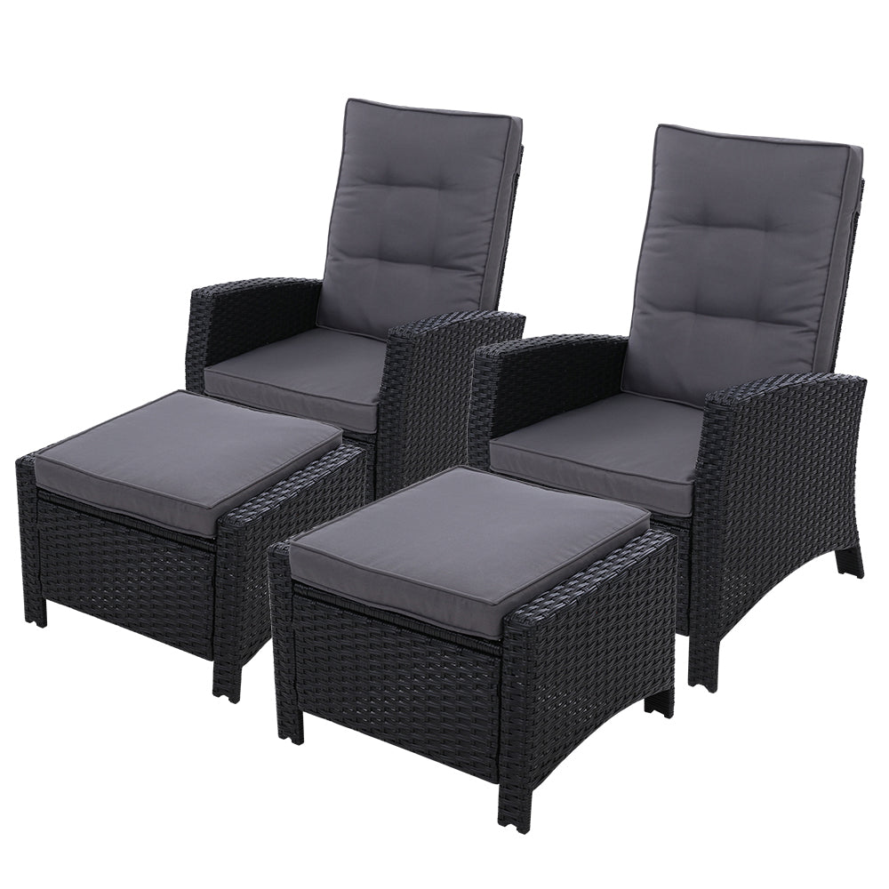 Gardeon 2PC Recliner Chairs Sun lounge Wicker Lounger Outdoor Furniture Adjustable Black 7