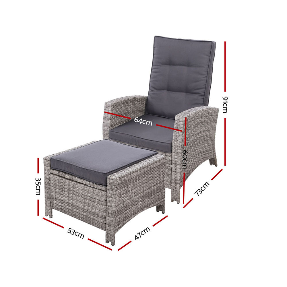 Gardeon 2PC Recliner Chairs Sun lounge Wicker Lounger Outdoor Furniture Adjustable Grey