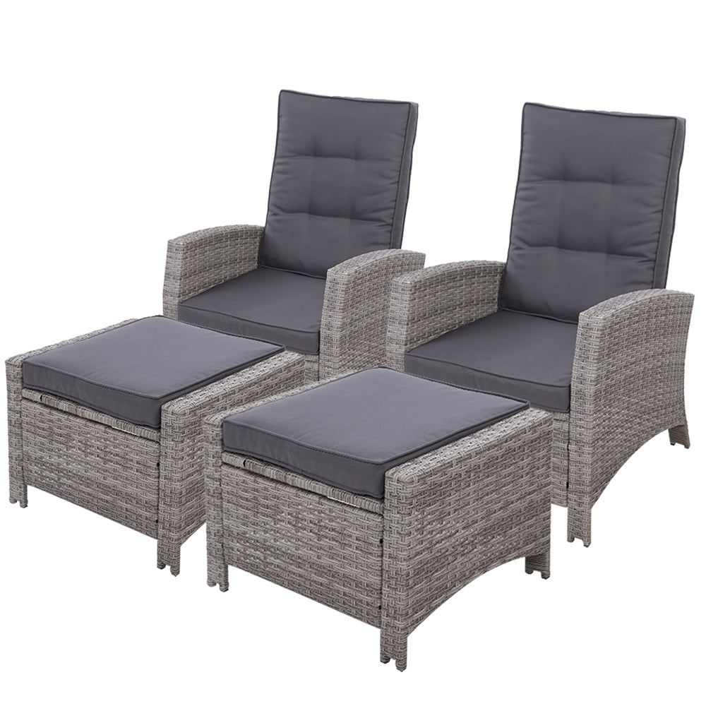 Gardeon 2PC Recliner Chairs Sun lounge Wicker Lounger Outdoor Furniture Adjustable Grey 7