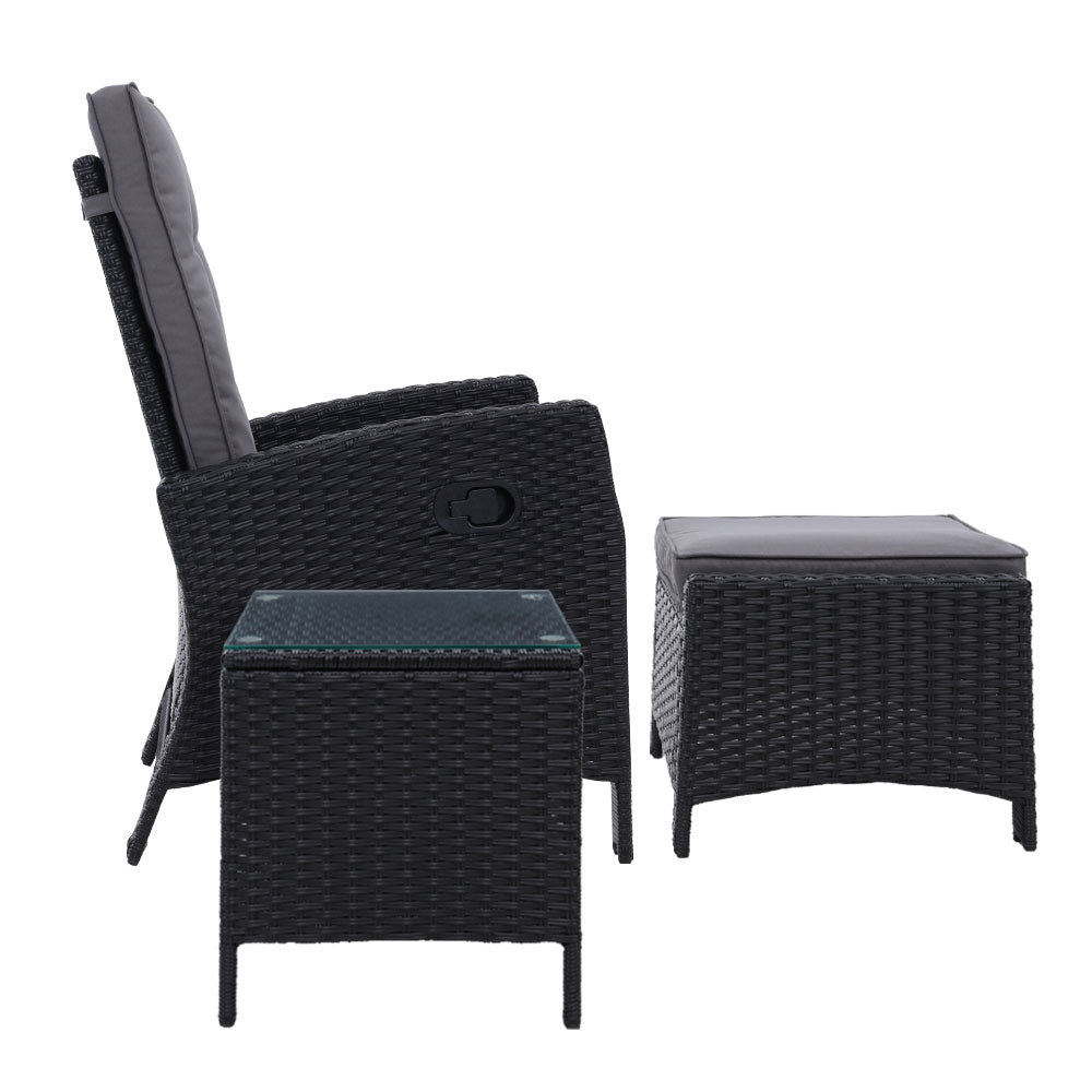Gardeon 3PC Recliner Chairs Table Sun lounge Wicker Outdoor Furniture Adjustable Black 4