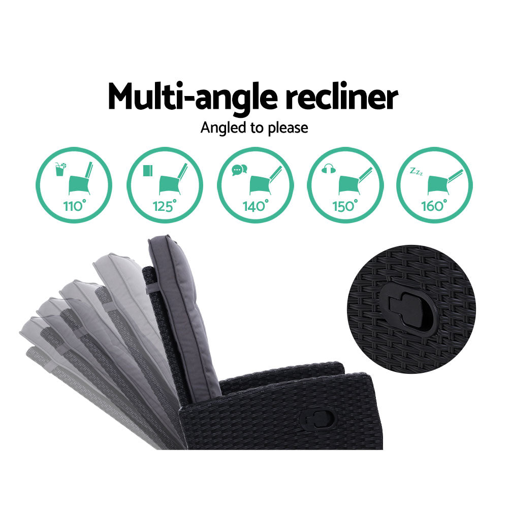 Gardeon 3PC Recliner Chairs Table Sun lounge Wicker Outdoor Furniture Adjustable Black 7