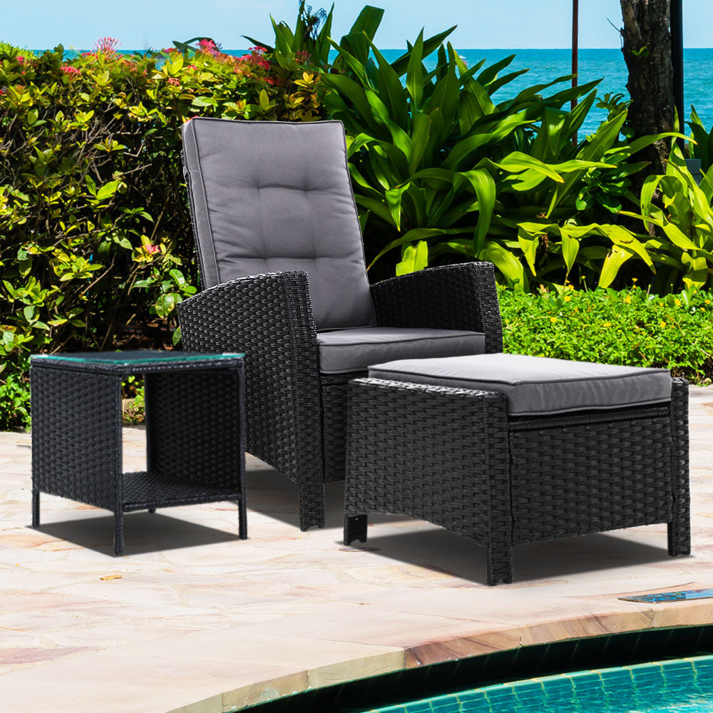 Gardeon 3PC Recliner Chairs Table Sun lounge Wicker Outdoor Furniture Adjustable Black 8