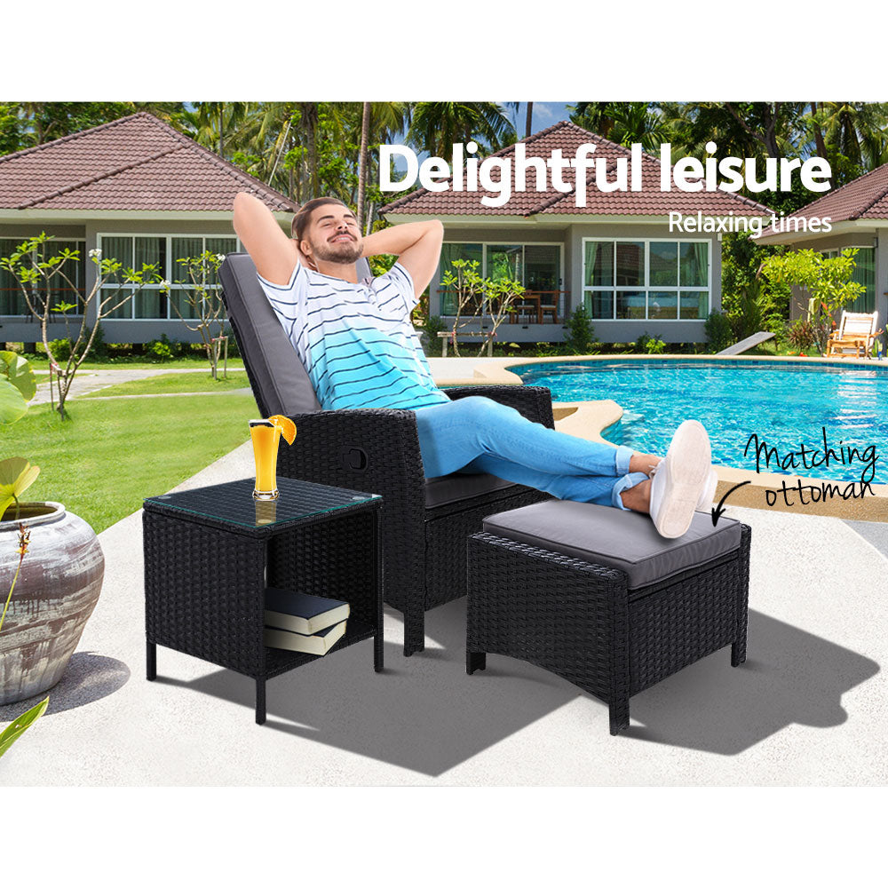 Gardeon 3PC Recliner Chairs Table Sun lounge Wicker Outdoor Furniture Adjustable Black 9