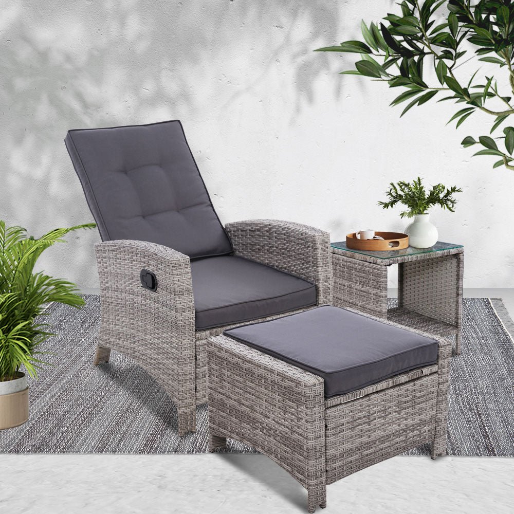 Gardeon 3PC Recliner Chairs Table Sun lounge Wicker Outdoor Furniture Adjustable Grey 7