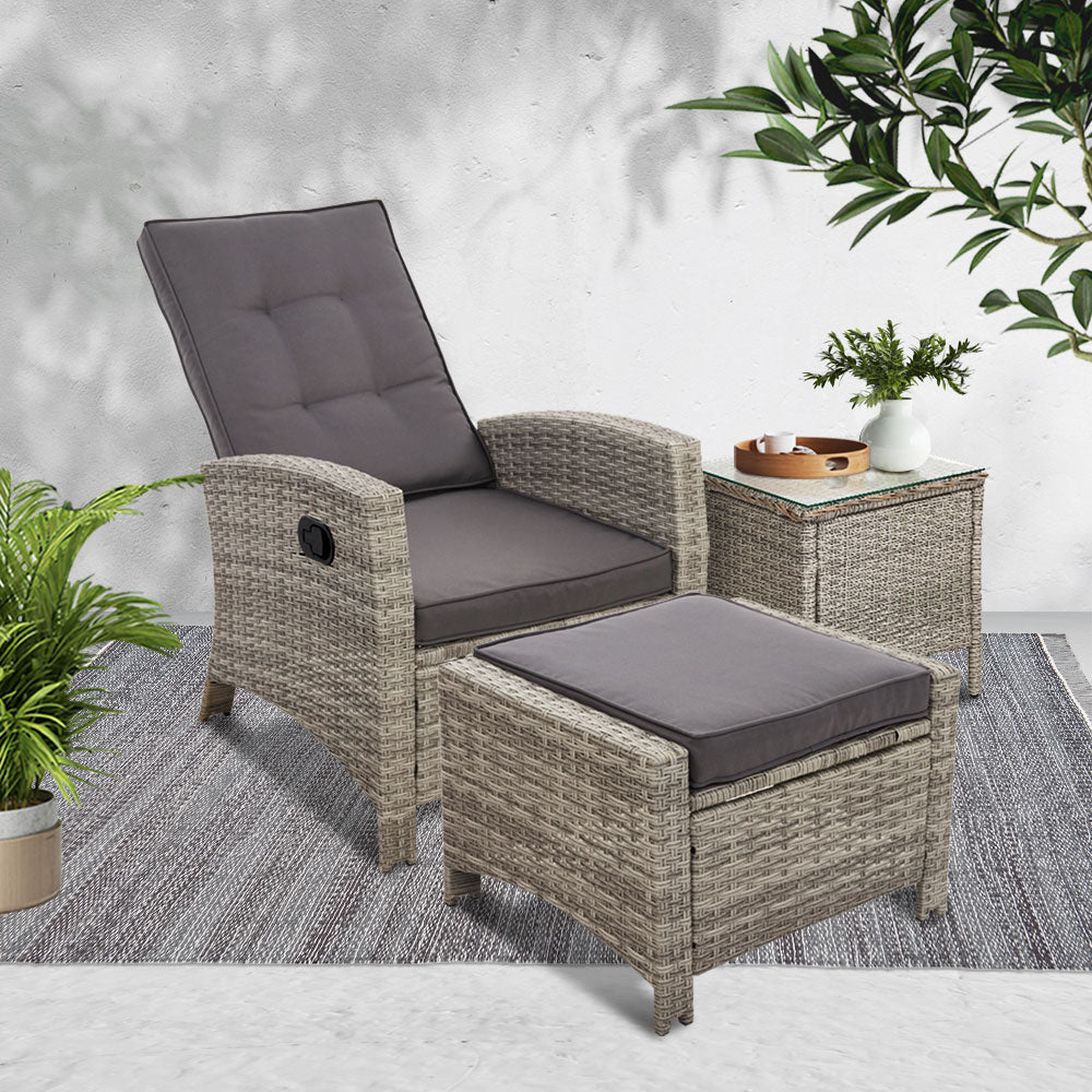 Gardeon 3PC Recliner Chairs Table Sun lounge Wicker Outdoor Furniture Adjustable Grey 8