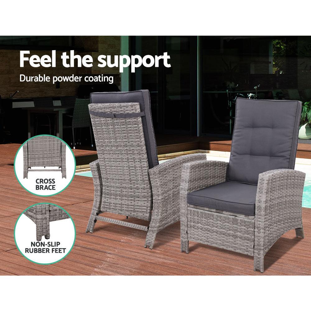 Gardeon 3PC Recliner Chairs Table Sun lounge Wicker Outdoor Furniture Adjustable Grey 10