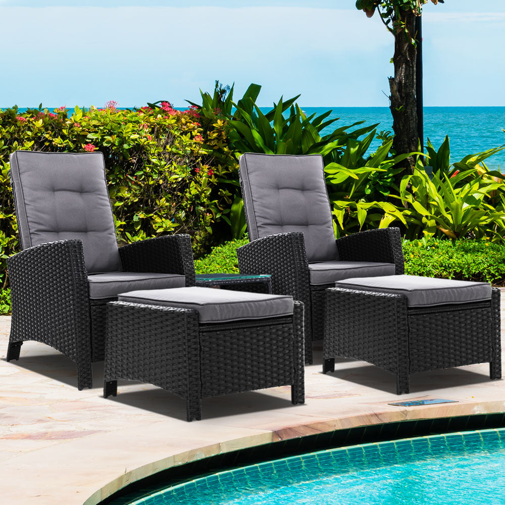 Gardeon 5PC Recliner Chairs Table Sun lounge Wicker Outdoor Furniture Adjustable Black 8