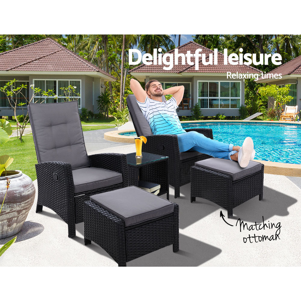 Gardeon 5PC Recliner Chairs Table Sun lounge Wicker Outdoor Furniture Adjustable Black 9