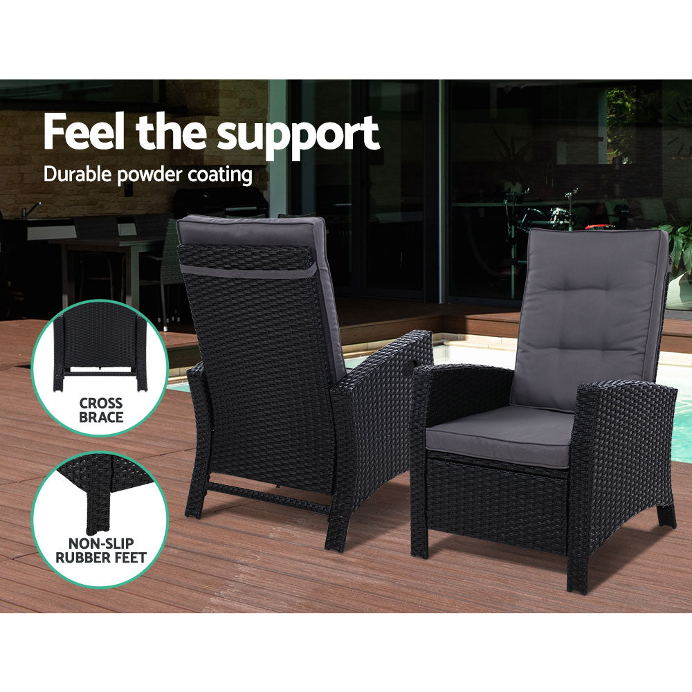 Gardeon 5PC Recliner Chairs Table Sun lounge Wicker Outdoor Furniture Adjustable Black 10