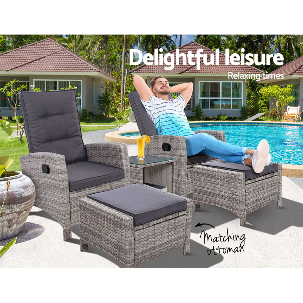 Gardeon 5PC Recliner Chairs Table Sun lounge Wicker Outdoor Furniture Adjustable Grey 3