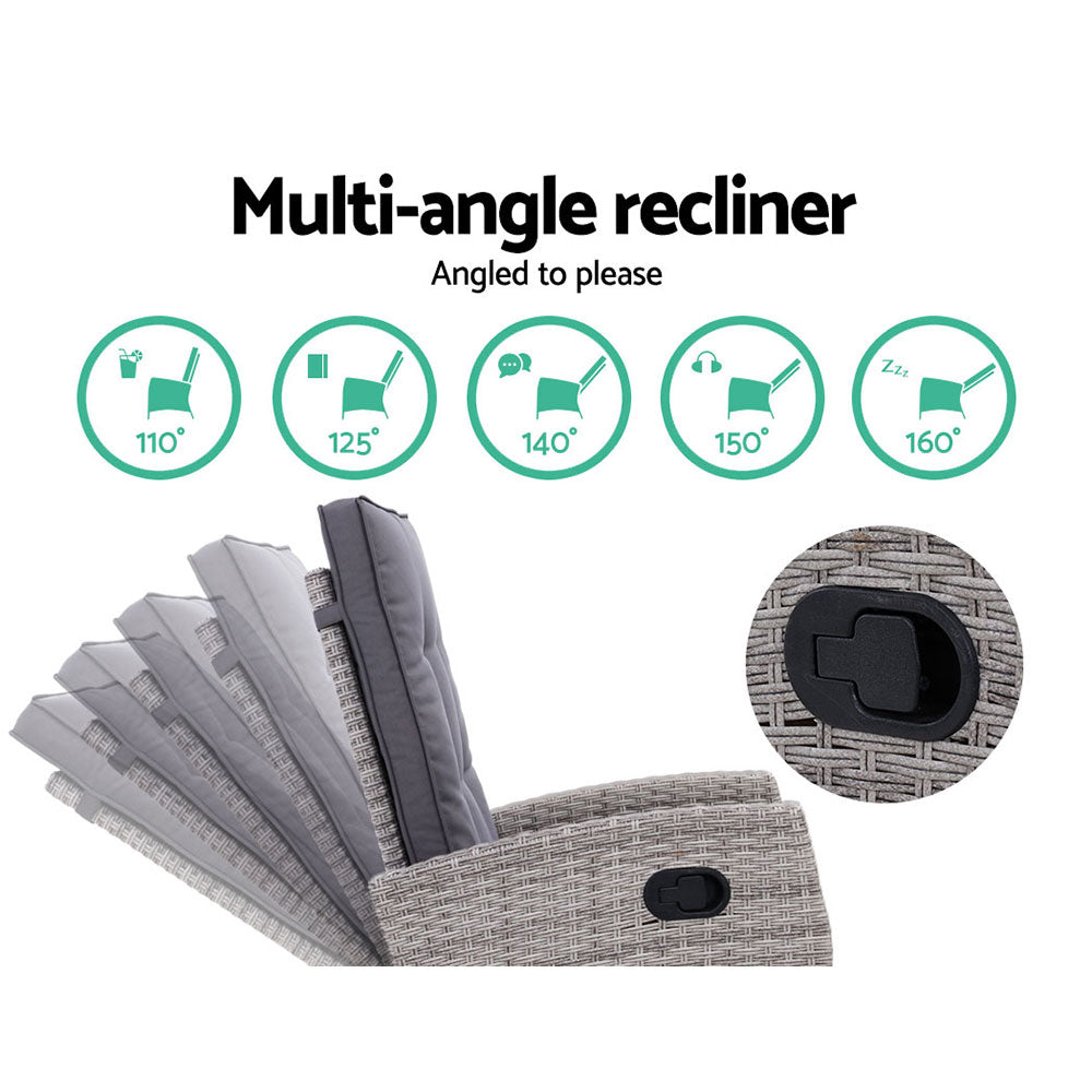 Gardeon 5PC Recliner Chairs Table Sun lounge Wicker Outdoor Furniture Adjustable Grey 4