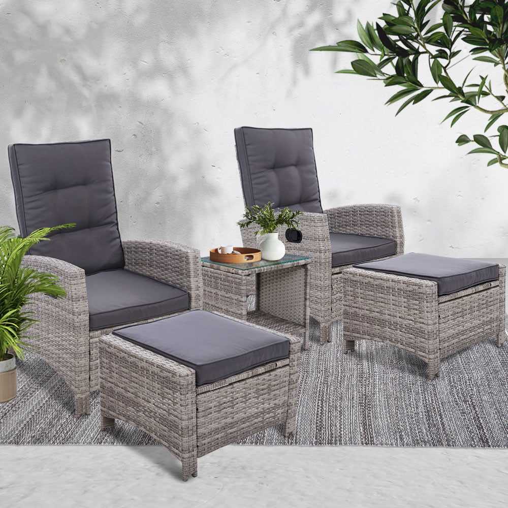 Gardeon 5PC Recliner Chairs Table Sun lounge Wicker Outdoor Furniture Adjustable Grey 7