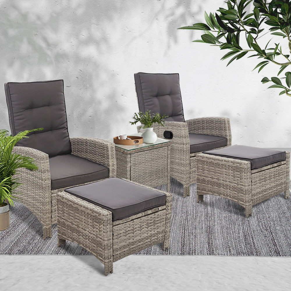 Gardeon 5PC Recliner Chairs Table Sun lounge Wicker Outdoor Furniture Adjustable Grey 8