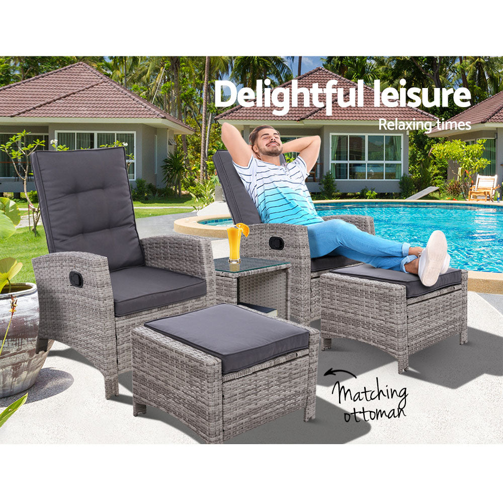 Gardeon 5PC Recliner Chairs Table Sun lounge Wicker Outdoor Furniture Adjustable Grey 9