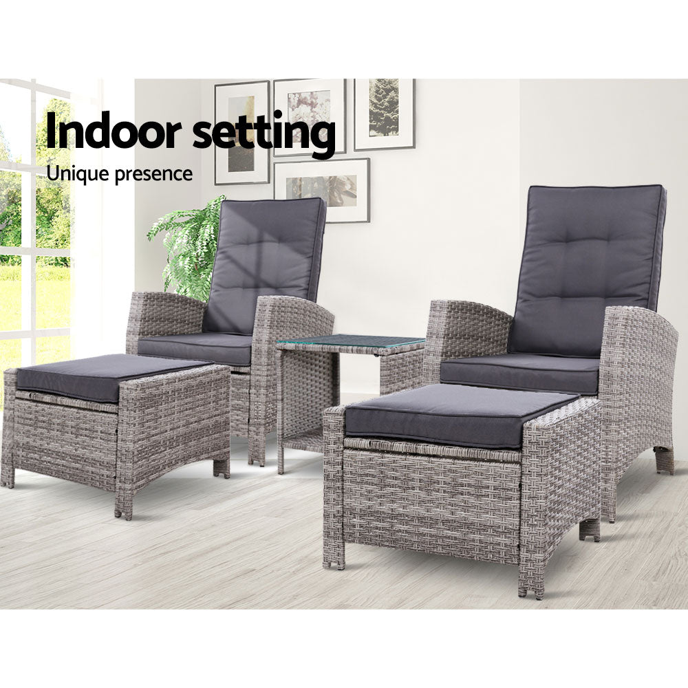 Gardeon 5PC Recliner Chairs Table Sun lounge Wicker Outdoor Furniture Adjustable Grey 12
