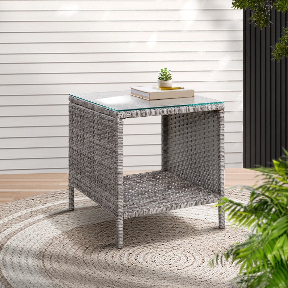 Gardeon Coffee Side Table Wicker Desk Rattan Outdoor Furniture Garden Grey 8