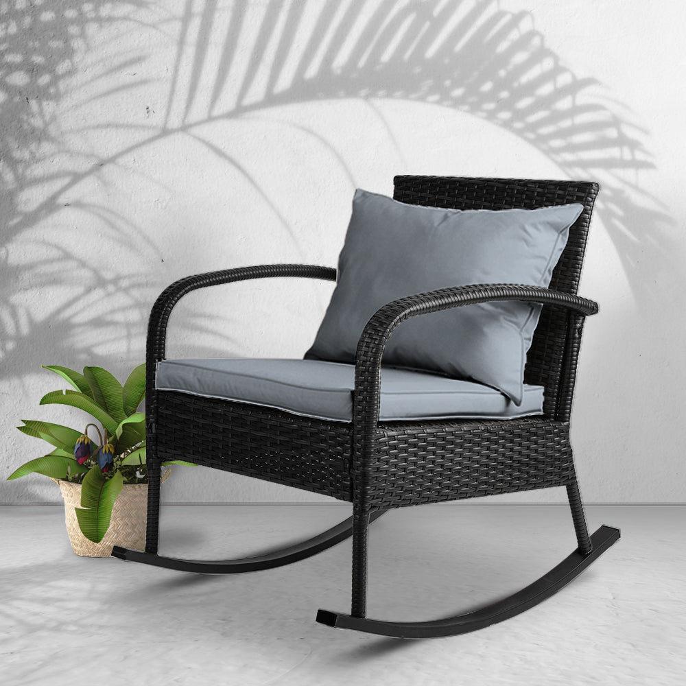 Gardeon Outdoor Furniture Rocking Chair Wicker Garden Patio Lounge Setting Black 7