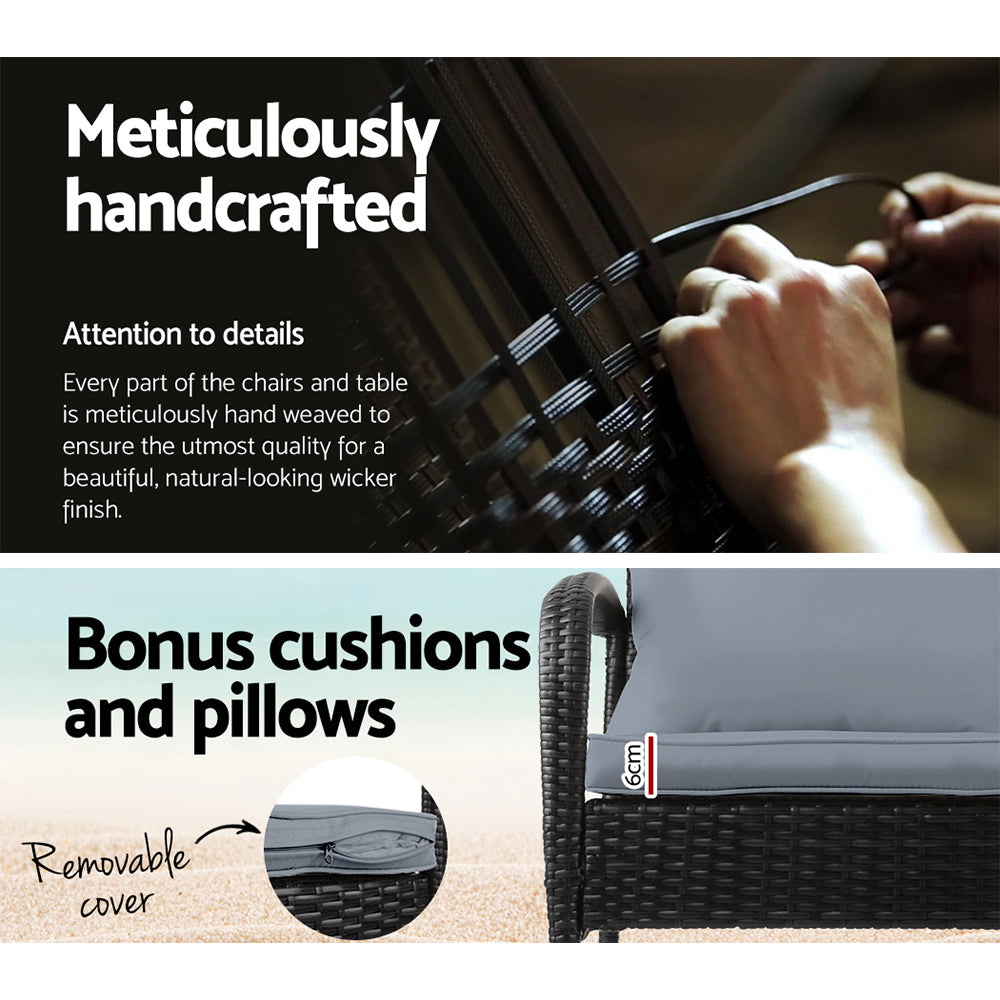 Gardeon 3PC Rocking Chair Table Wicker Outdoor Furniture Patio Bistro Set Black 5