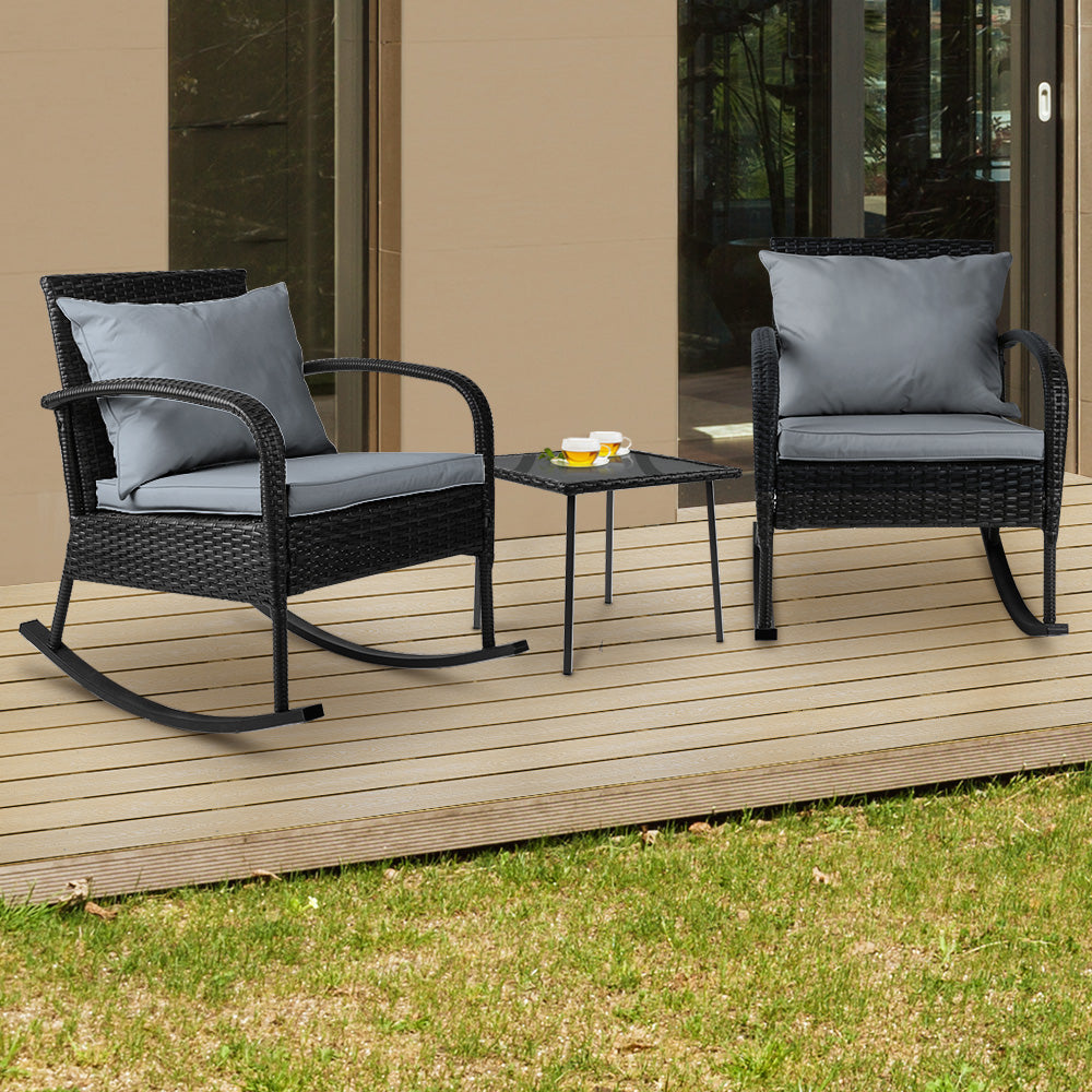 Gardeon 3PC Rocking Chair Table Wicker Outdoor Furniture Patio Bistro Set Black 7