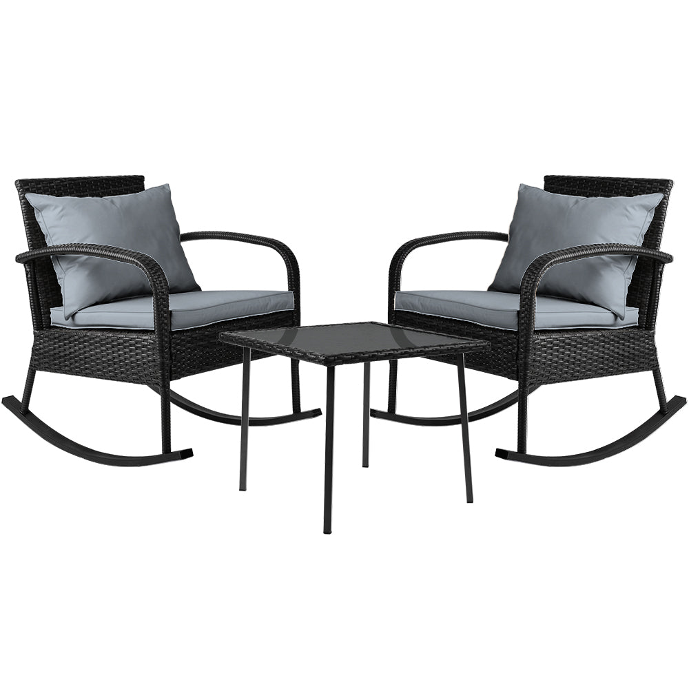 Gardeon 3PC Rocking Chair Table Wicker Outdoor Furniture Patio Bistro Set Black 8