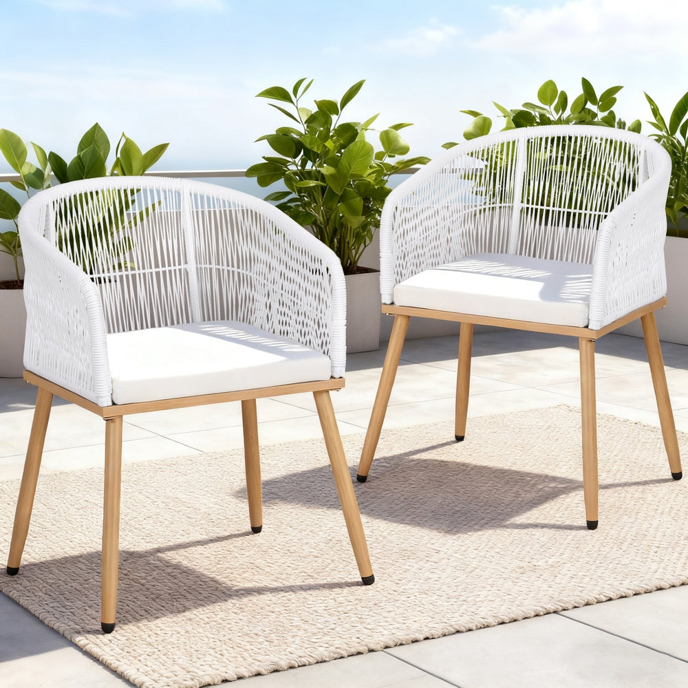 Gardeon 2PC Outdoor Dining Chairs Wicker Chair Patio Furniture Garden Steel White 7