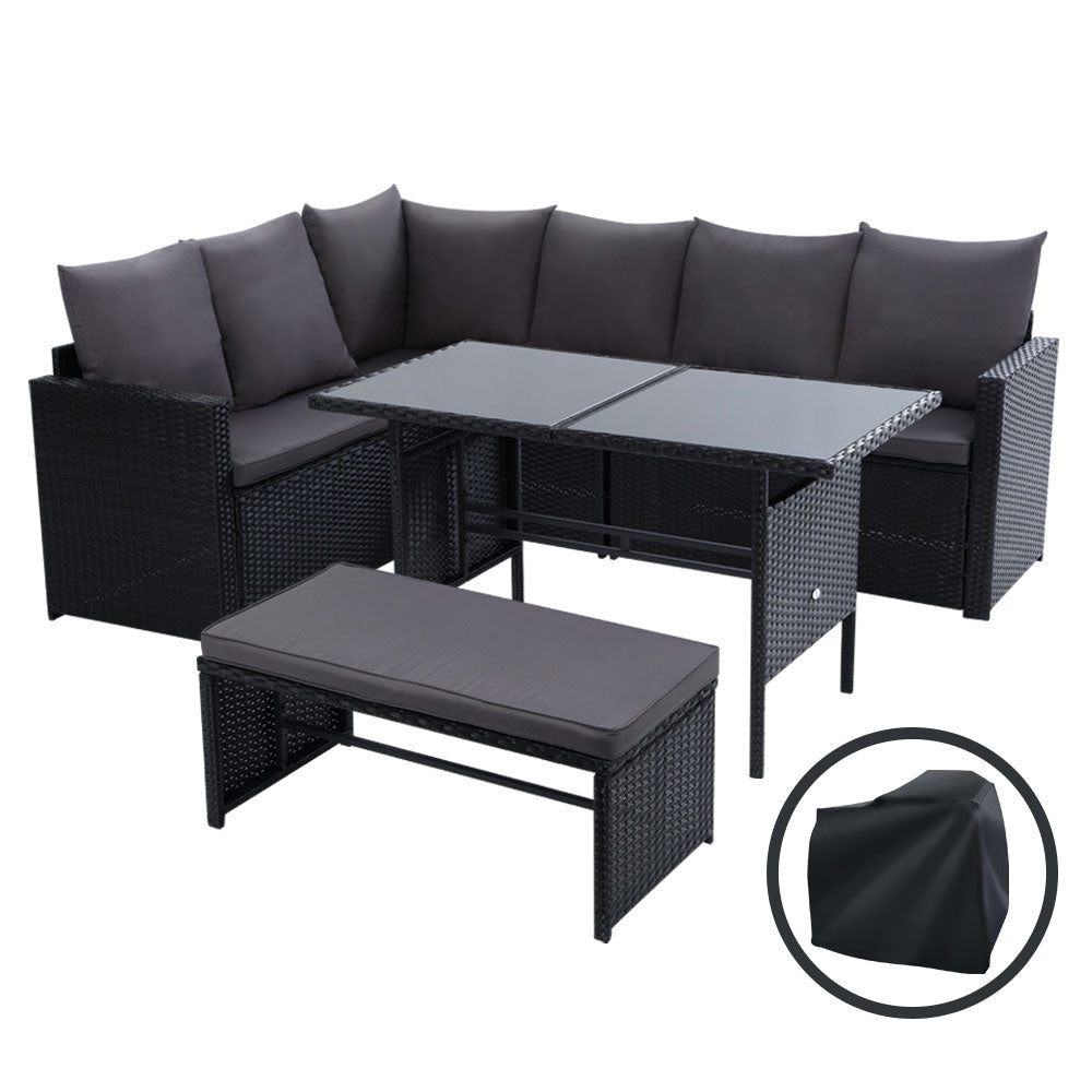 Gardeon Outdoor Dining Set Sofa Lounge Setting Chairs Table Bench Black Cover 7