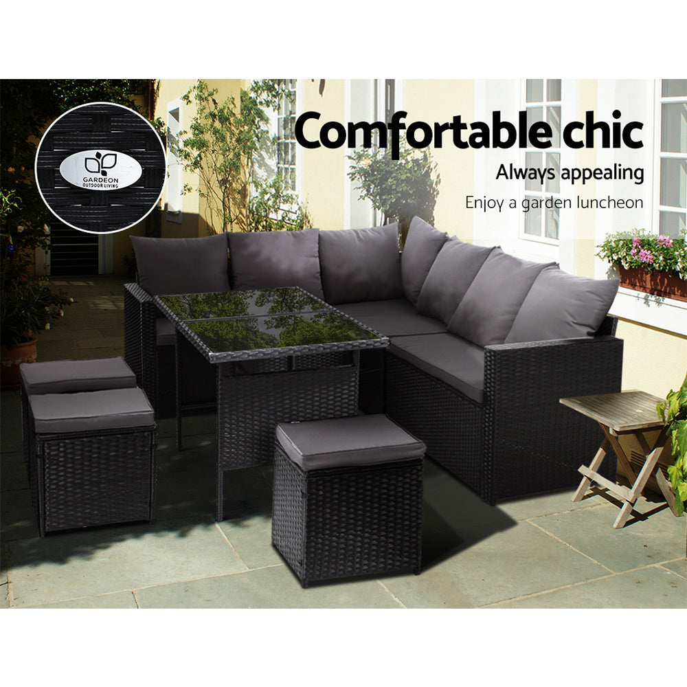 Gardeon Outdoor Furniture Dining Setting Sofa Set Lounge Wicker 9 Seater Black 3