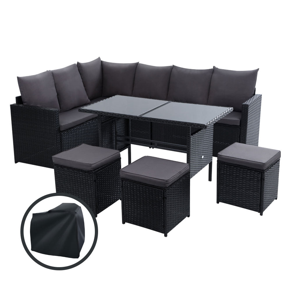 Gardeon Outdoor Dining Set Sofa Lounge Setting Chairs Table Ottoman Black Cover 7
