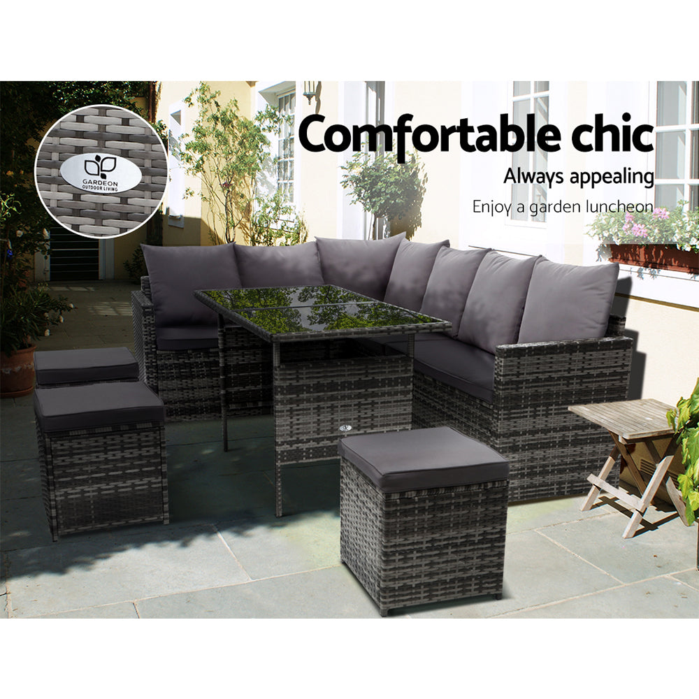Gardeon Outdoor Dining Set Sofa Lounge Setting Chairs Table Ottoman Grey Cover 3