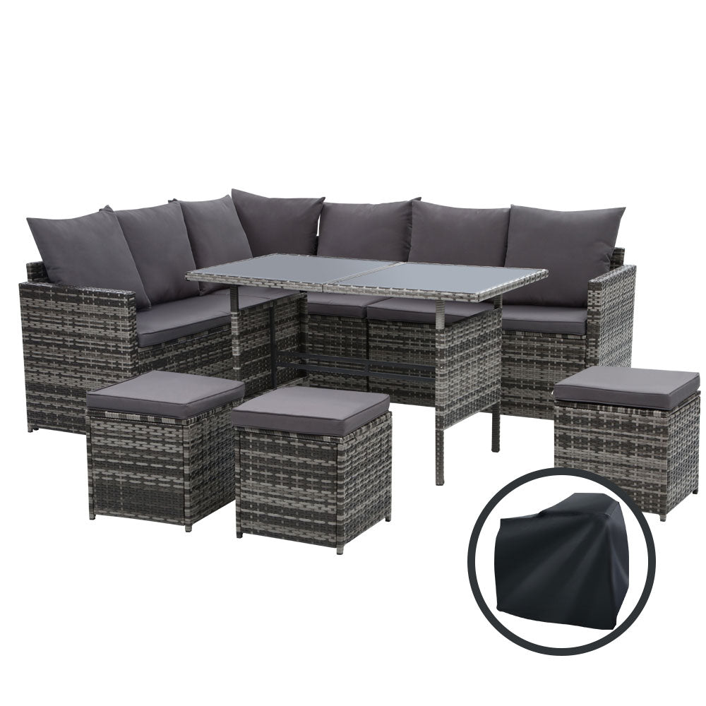 Gardeon Outdoor Dining Set Sofa Lounge Setting Chairs Table Ottoman Grey Cover 7