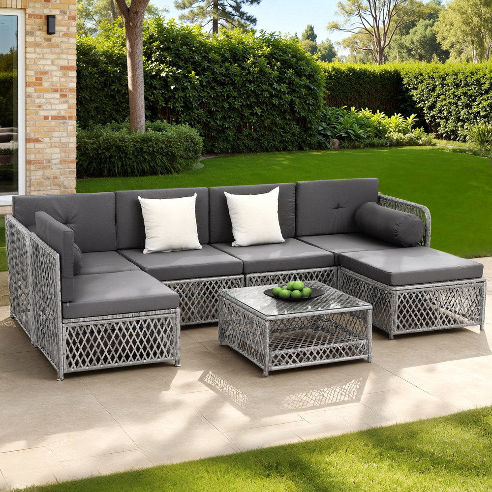 Gardeon 6 Seater Outdoor Sofa Set 7PCS Table Chair Set Garden Rattan Patio Furniture 7