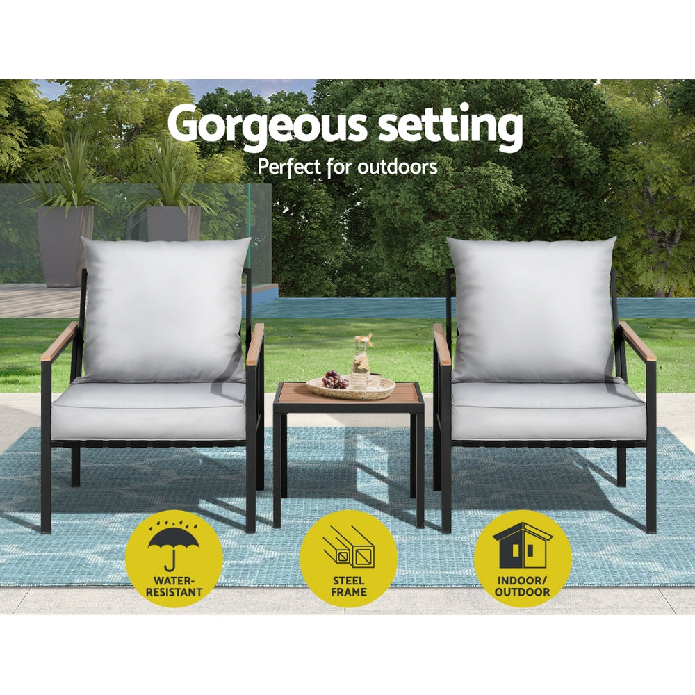 Gardeon 3PC Outdoor Furniture Bistro Set Lounge Setting Chairs Table Patio Black 4