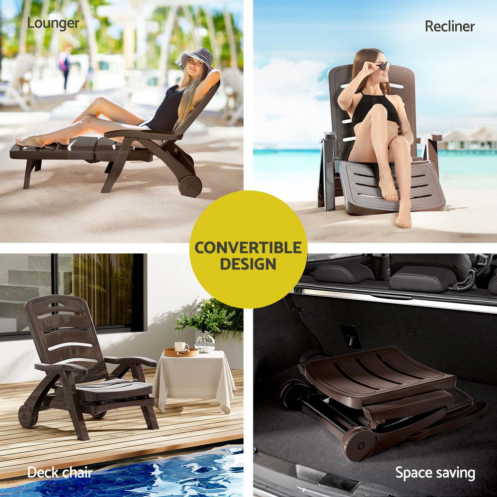 Gardeon Sun Lounger Folding Lounge Chair Wheels Patio Outdoor Furniture Brown 5