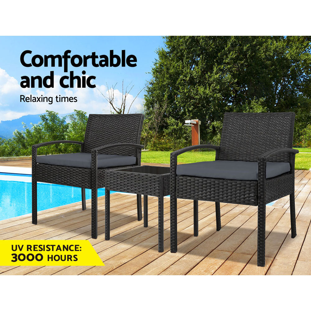 Gardeon 3PC Patio Furniture Bistro Set Wicker Outdoor Lounge Setting Black 3
