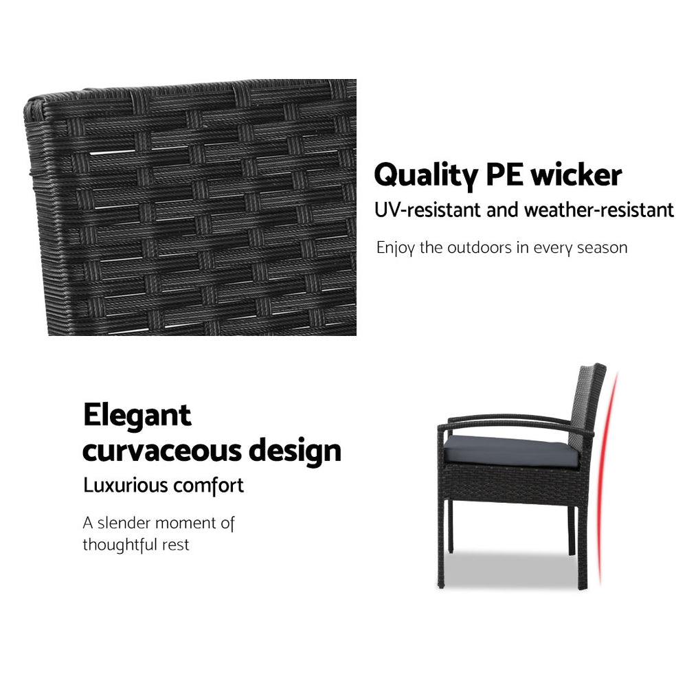 Gardeon 3PC Patio Furniture Bistro Set Wicker Outdoor Lounge Setting Black 6