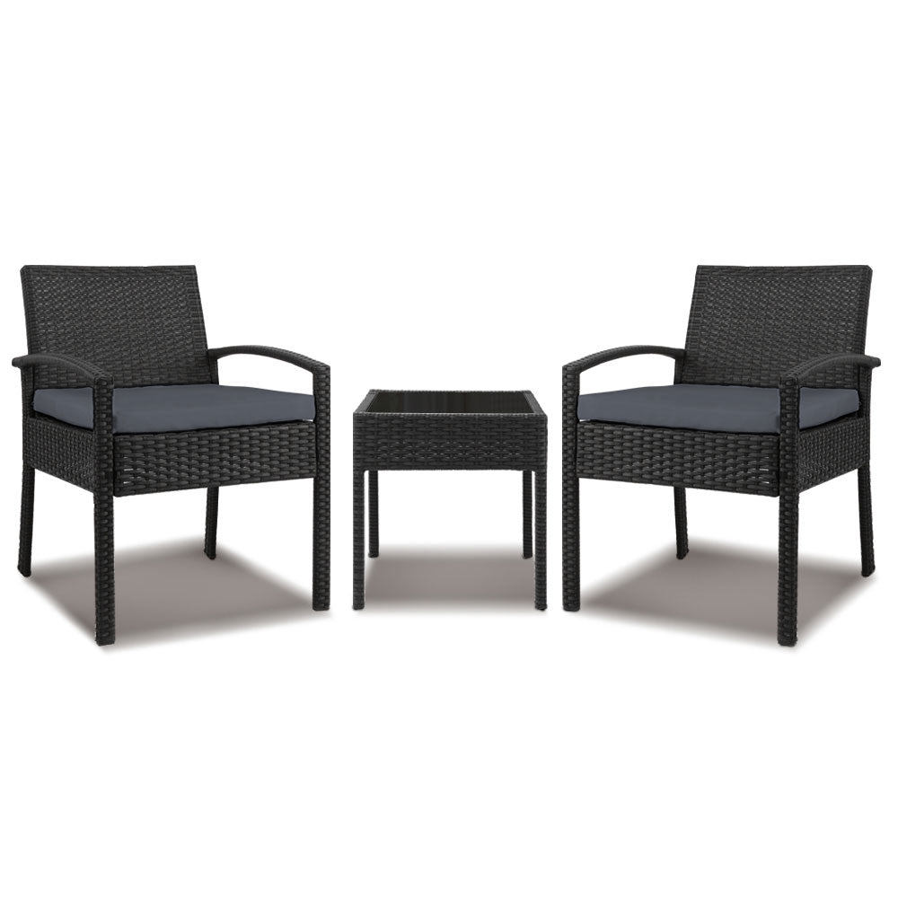 Gardeon 3PC Patio Furniture Bistro Set Wicker Outdoor Lounge Setting Black 8