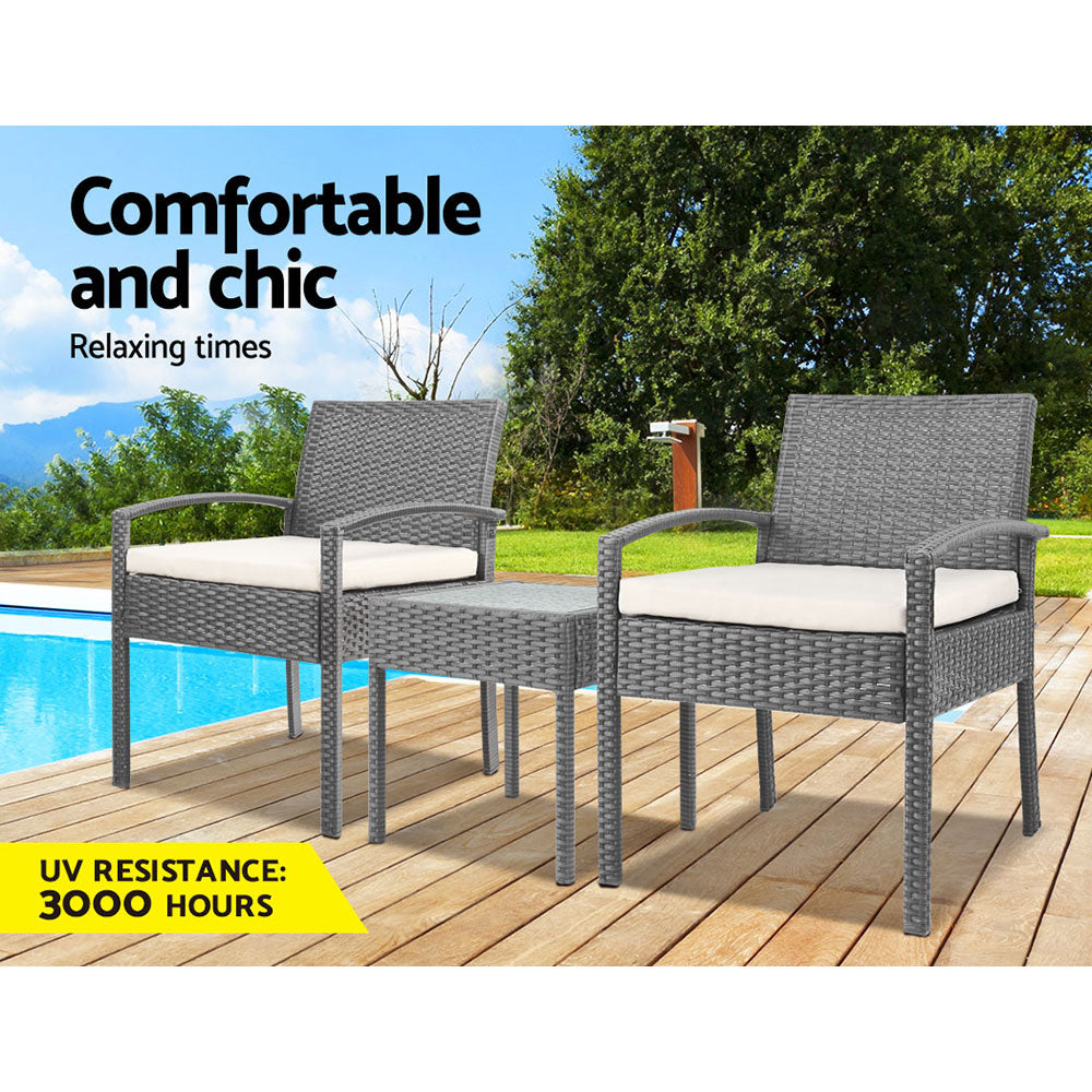 Gardeon 3PC Patio Furniture Bistro Set Wicker Outdoor Lounge Setting Grey 3