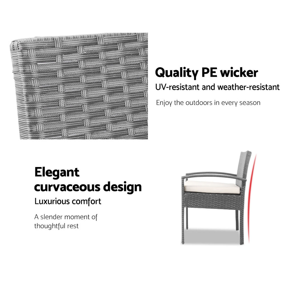 Gardeon 3PC Patio Furniture Bistro Set Wicker Outdoor Lounge Setting Grey 5