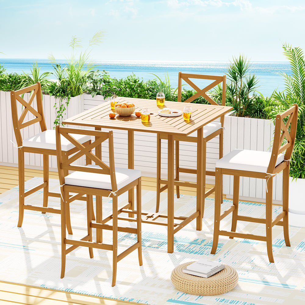 Gardeon 5-Piece Outdoor Bar Set Acacia Wood Bistro Patio Table Stools 4