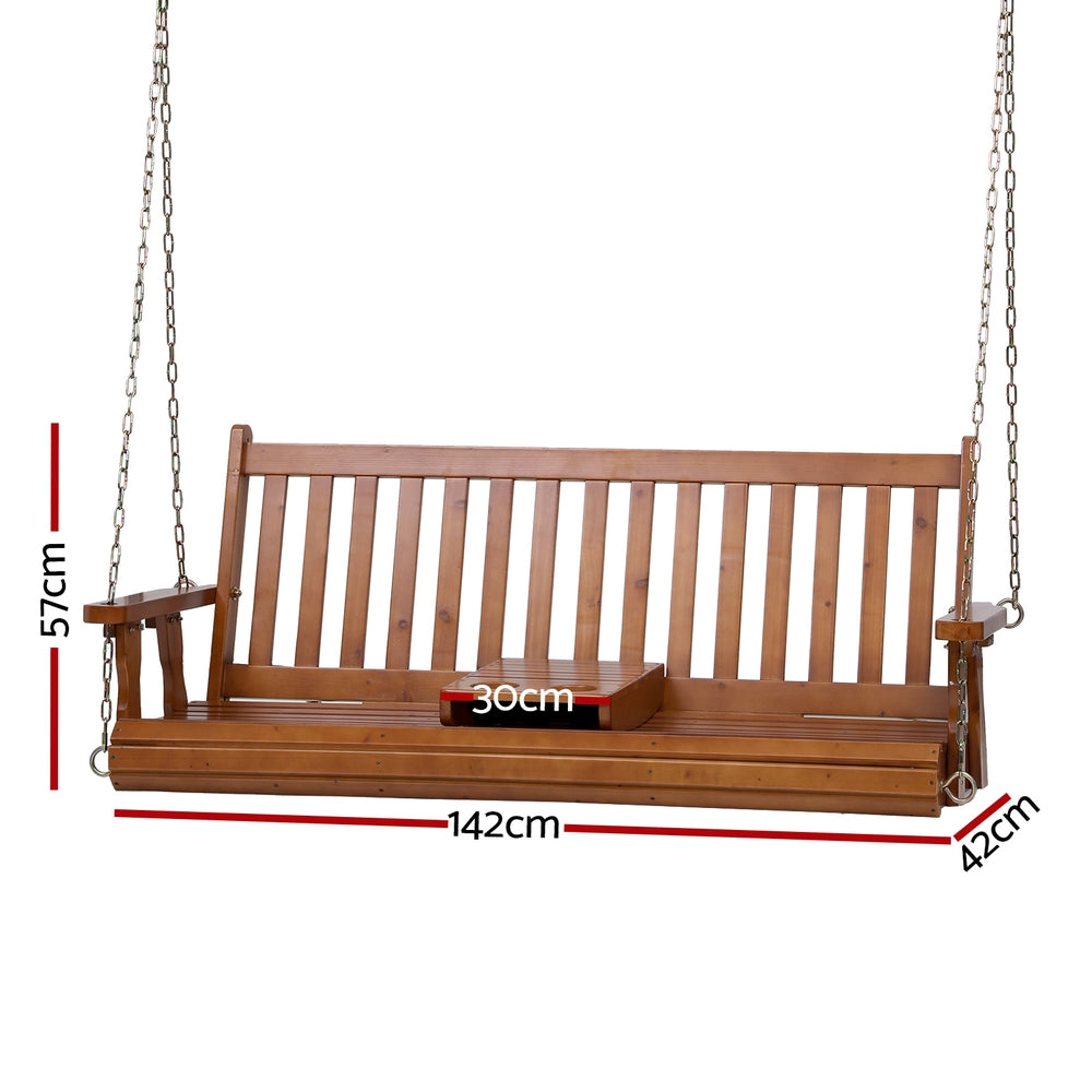 Gardeon Porch Outdoor Swing Chair Patio Furniture Wooden Bench 2 Seat Cup Holder