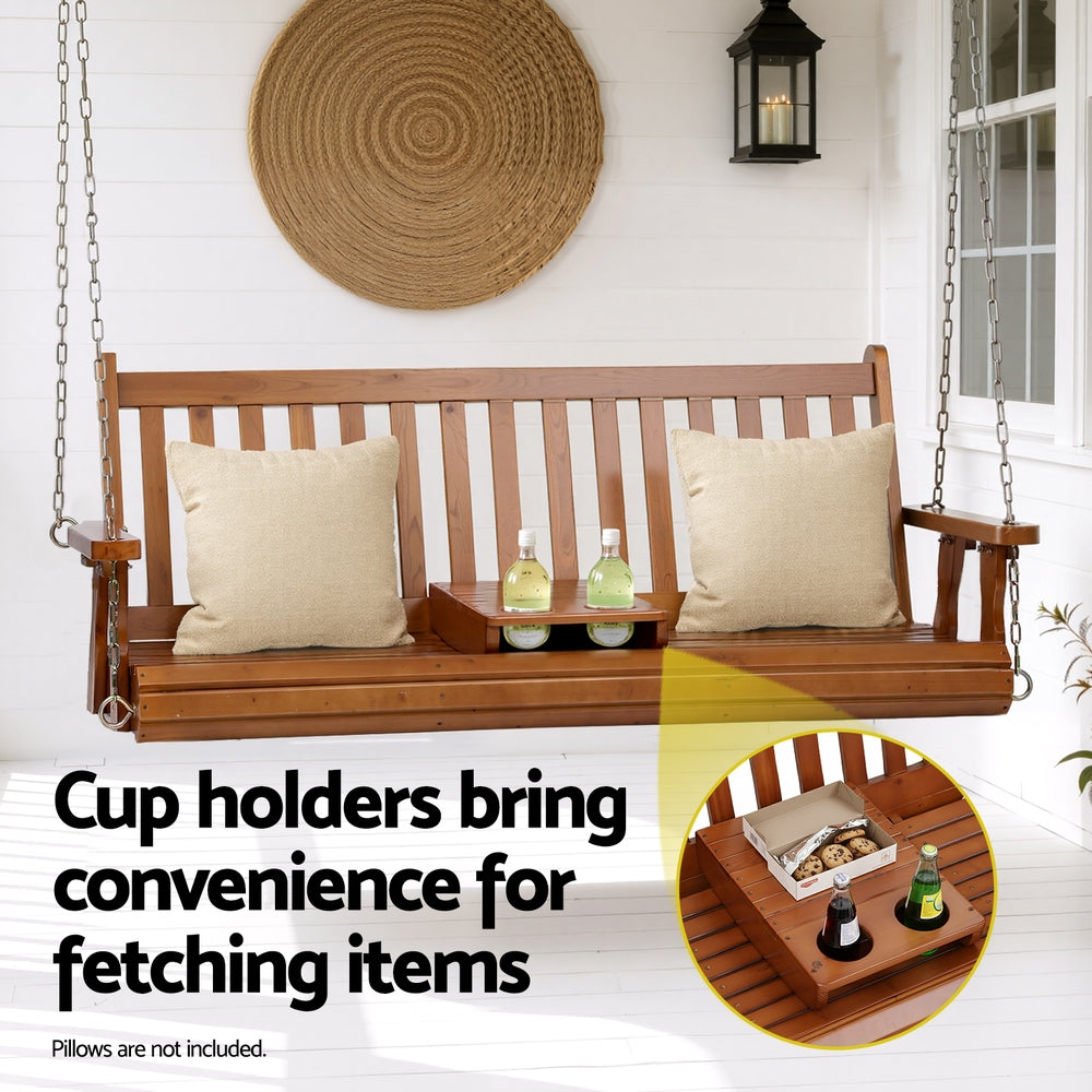 Gardeon Porch Outdoor Swing Chair Patio Furniture Wooden Bench 2 Seat Cup Holder 5