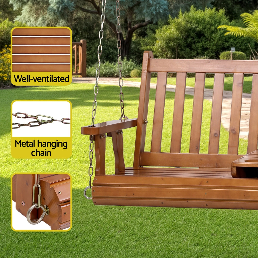 Gardeon Porch Outdoor Swing Chair Patio Furniture Wooden Bench 2 Seat Cup Holder 6