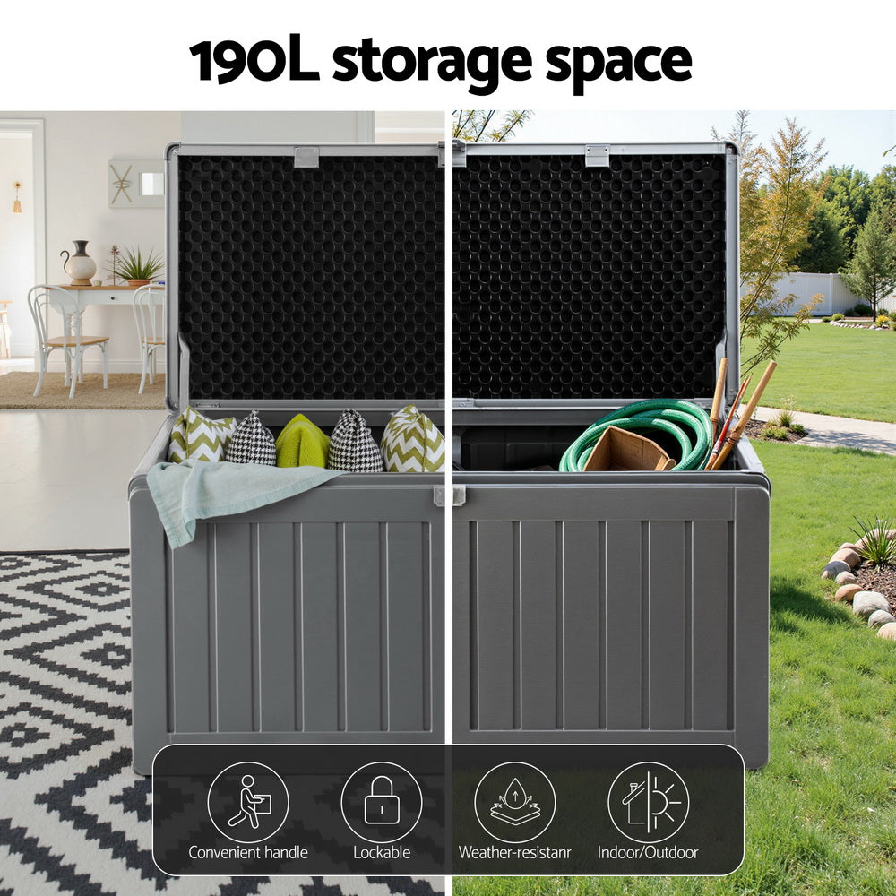 Gardeon Outdoor Storage Box 190L Container Lockable Garden Bench Tool Shed Black 4